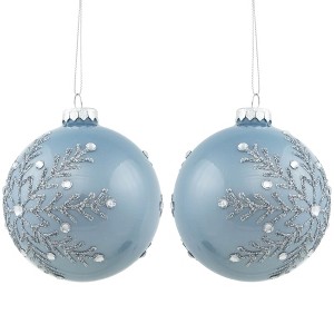 Northlight Set of 2 Shiny Stone Blue Glitter Snowflakes Glass Christmas Ball Ornaments 4" - 1 of 4