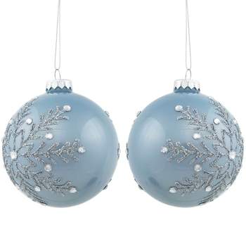 Northlight Set of 2 Shiny Stone Blue Glitter Snowflakes Glass Christmas Ball Ornaments 4"