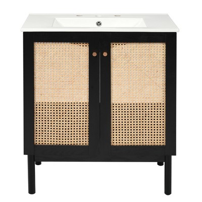 Vynxaria 30-Inch Wood Bathroom Vanity - Solid Bamboo, Handmade Rattan Doors, Ceramic Sink - Space-Saving for Small Bathrooms£¬Black