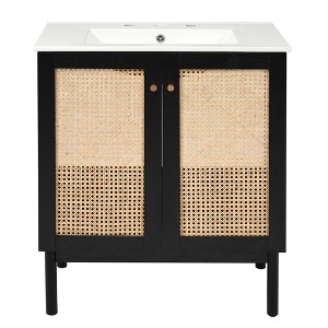 Vynxaria 30-Inch Wood Bathroom Vanity - Solid Bamboo, Handmade Rattan Doors, Ceramic Sink - Space-Saving for Small Bathrooms£¬Black - 1 of 4