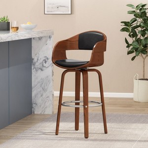 ORRD 30 Inch Mid-Century Modern Bar Stool with Swivel, Faux Leather Upholstery and Walnut Wood Veneer, Set of 1, Midnight Black - 1 of 4