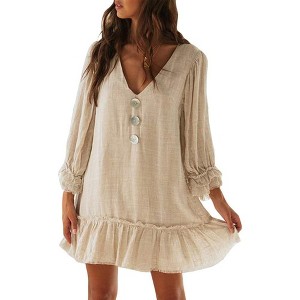 Womens Ruffle Peasant Dress V Neck 3/4 Sleeve Front Button Flowy Dress Beach Sundress Linen A Line Summer Mini Dress Babydoll Dress - 1 of 4