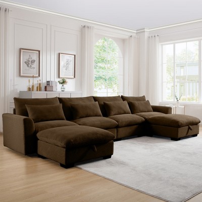 Christopher Knight Home Cleveland Luxurious U-Shaped Corduroy 157.5" Sectional Sofa with Storage Ottomans and 4 Waist Pillows