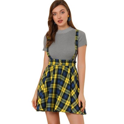 Allegra K Women's Plaid Pleated Mini Tartan Overall Skater Suspender ...