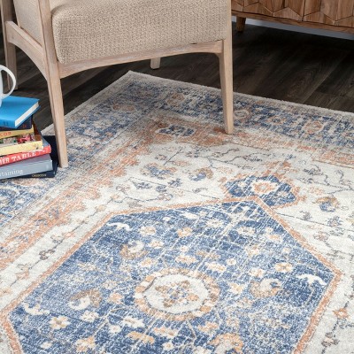 Reversible Vintage Floral Blue Synthetic Area Rug, 5' x 7'