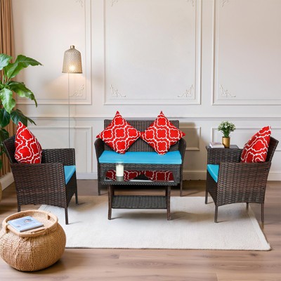 FIONECA 4-Piece Outdoor PE Rattan Sofa Set with Coffee Table and Sapphire Blue Cushions