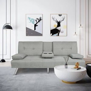 MAYEERTY 66" Futon Sofa Bed - Drop-Down Back with 2 Cup Holders, 3-Position Recline, Linen Upholstery - 1 of 4