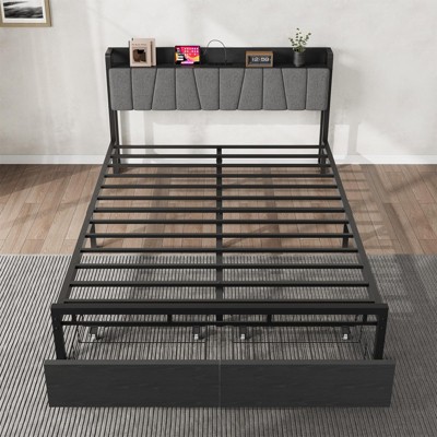 Full to King Platform Bed Frame with Storage Headboard, 2 Drawers, and Charging Station, Industrial Bed Frame, No Box Spring Needed