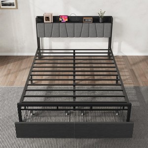 Full to King Platform Bed Frame with Storage Headboard, 2 Drawers, and Charging Station, Industrial Bed Frame, No Box Spring Needed - 1 of 4