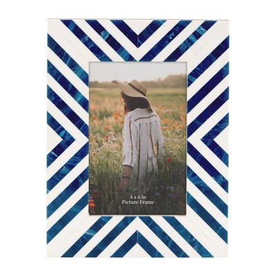 Sagebrook Home 4" x 6" Decorative Photo Frame - Contemporary Polyresin Blue and White Striped Picture Frame - Home