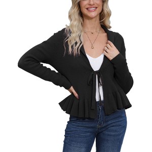 Women's Peplum Cardigan Sweater - Tie Front Collared Long Sleeve Knit Cardigan, Ruffle Hem Warm - 1 of 4
