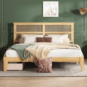 Platform Bed King Frame With Rattan Headboard, Platform Bed Storage With 2 Drawers, Wood Bed With Enhanced Support Salts And Feet-Cuddlewood - 1 of 4