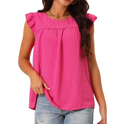 Seta T Women's Swiss Dots Casual Summer Crewneck Ruffle Sleeveless Shirt