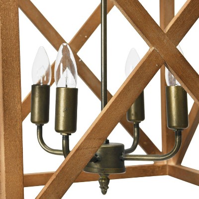 Natural Brown Wood and Metal Cage Chandelier, 4-Bulb