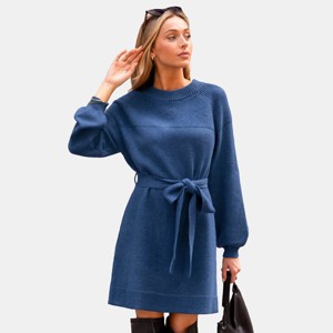 Women's Blue Cozy Knit Sweater Dress with Tie Belt - Cupshe - 1 of 4
