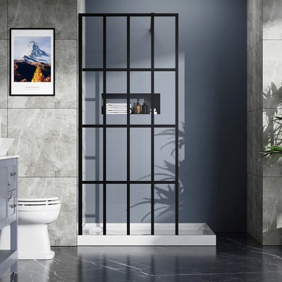 34x72in Bathtub Shower Panel, Single Fixed Panel With 4 Side Safety Chamfer, 0.2" Thick Tempered Glass, Doorless Design Safety Corner Shower Screen