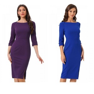 INSPIRE CHIC Women's Elegant Boat Neck 3/4 Sleeves Work Midi Split Sheath Dress 2 Packs - 1 of 4