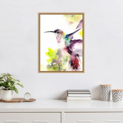 Vibrant Hummingbird Watercolor Canvas Print with Natural Frame