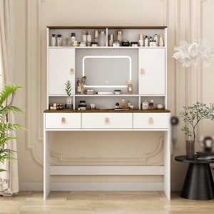 43" White Makeup Vanity Desk With Mirror And Lights, Dimmable 3 Color Modes, Bedroom Dressing Table With Hair Dryer Shelf, Drawers And Storage Space - 1 of 4