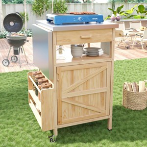 40" Outdoor Barbecue Grill Cart,Fir Wood Outdoor Balcony Storage Cabinet with Drop Leaf and one Drawer,Garden Rolling Kitchen Cart-Coolbibila - 1 of 4