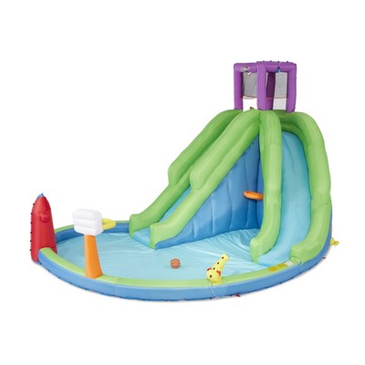 Magic Time MTI-90806 Adventure Falls Inflatable Backyard Kid Pool Water Park with Two Slides Climbing Wall Water Cannon Sprayer and Basketball Hoop