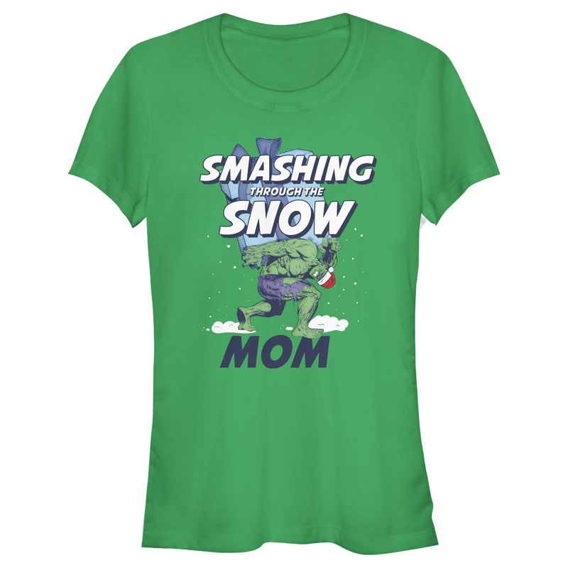 Juniors Womens Marvel Christmas Hulk Mom Snow T-Shirt, 1 of 4