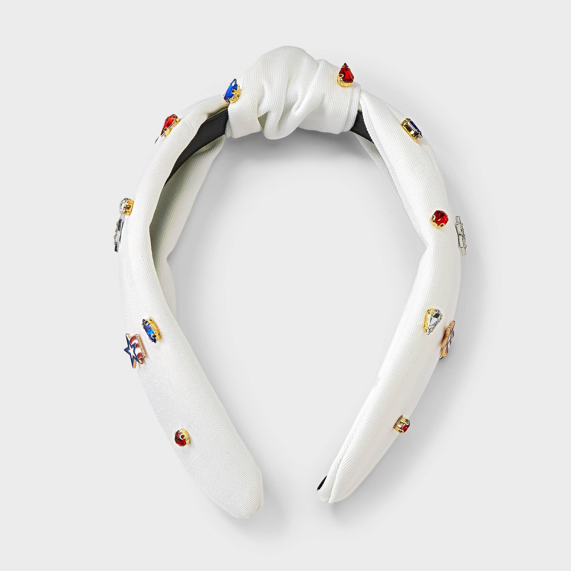 Americana Satin Top Knot Headband with Embellished Charms - White/Multi