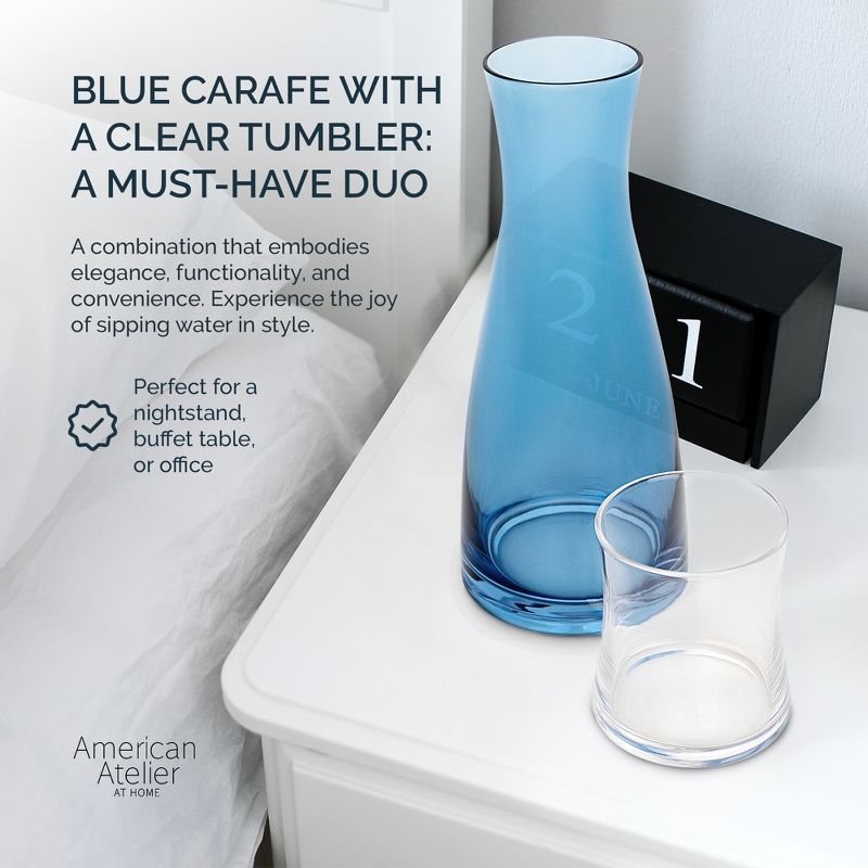 American Atelier Bedside Water Carafe with Clear Tumbler, 33-Ounce Pitcher and Matching Drinking Glass, Blue, 3 of 9
