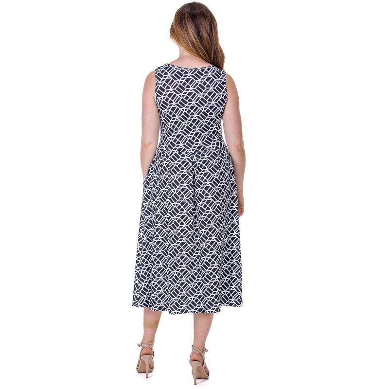 24seven Comfort Apparel Womens Midi Length Black Geo Print Sleeveless Pleated Pocket Dress, 3 of 9