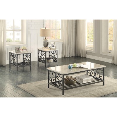 3-Piece Occasional Table Set Coffee Table and 2 End Tables Faux Marble Black Metal Finish Living Room Furniture