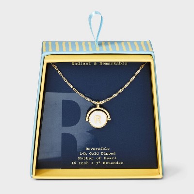 14K Gold Dipped Crystal and Mother of Pearl Circle Spinner Initial Necklace - A New Day™
