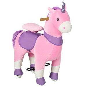 Qaba Ride On Real Walking Unicorn with Sparkly Horn, Soft Plush Ride On Rocking Horse Bearing 176lbs, Imaginative Interactive Toy for Kids, Unicorn - 1 of 4