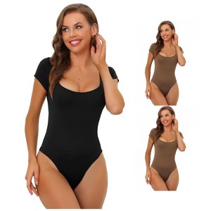 Allegra K Women's Square Neck Tummy Control Short Sleeve Adult Bodysuits 3 Packs - 1 of 4