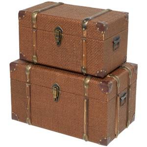 Olivia & May Set of 2 Plastic Rattan Woven Inspired Trunk with Latches and Leather Accents Brown: Vintage Style Basket Chests for Bedroom Storage - 1 of 4