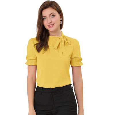 INSPIRE CHIC Women's Bow Tie Neck Solid Color Elastic Cuffs Elegant Office Short Sleeve Blouse
