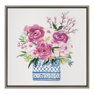 Pink Blooms in Chinoiserie Gray Framed Canvas Art Print, 22 x 22