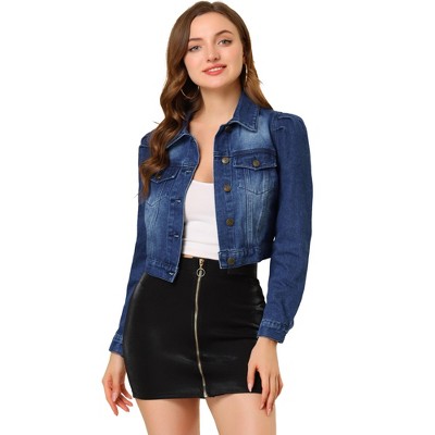 INSPIRE CHIC Women's Basic Puff Sleeve Washed Lightweight Cropped Denim Jacket