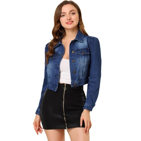 Womens denim store jacket puff sleeves