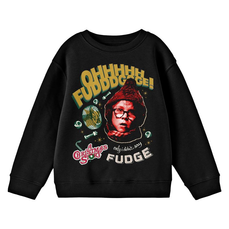 A Christmas Story Oh Fudge Crew Neck Long Sleeve Black Youth Sweatshirt, 1 of 3