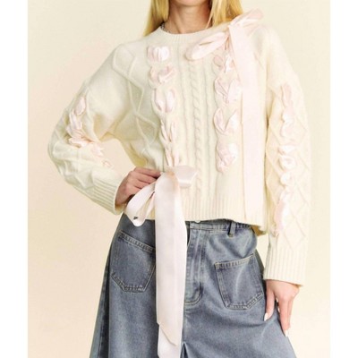 Women's CHUNKY CABLE RIBBON TAPE LACE UP PULLOVER SWEATER - DAVI & DANI