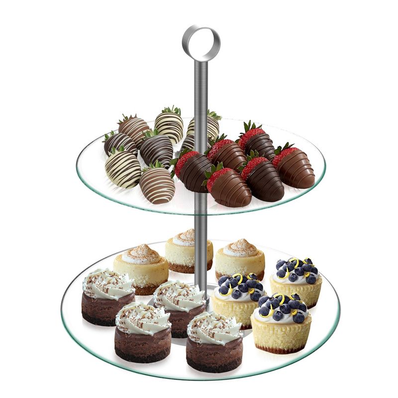 Dessert Tower - 2-Tier Round Glass Display Stand - Great for Cookies, Cupcakes, Pastries, Hors d'oeuvres, and Appetizers by Chef Buddy (Silver), 1 of 7