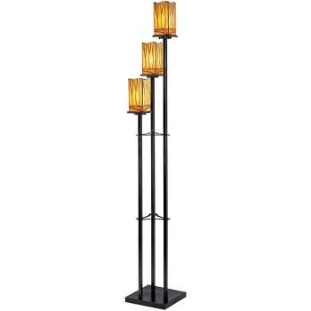 Robert Louis Tiffany Style Floor Lamp with USB Charging Port 3-Light 72" Tall Bronze Amber Art Glass Shade for Living Room Reading