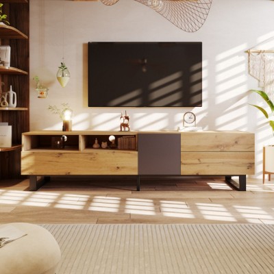 Modern TV Stand for TVs up to 80", Media Console with Drop-Down Door and Two Large Drawers, Entertainment Center for Living Room–The Pop Home