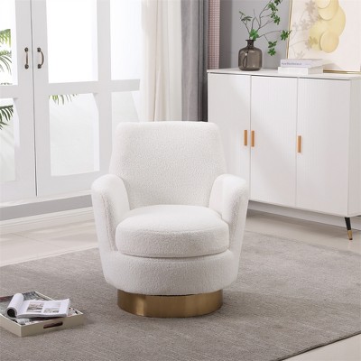 360° swivel upholstered armchair, comfortable reading chair for bedroom, with barrel design and gold stainless steel base