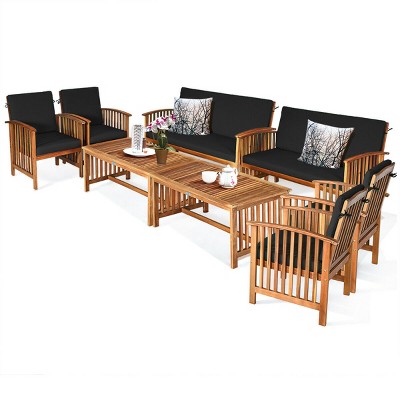 Tangkula 8PCS Wooden Patio Conversation Set Outdoor Furniture Set w/ Cushions