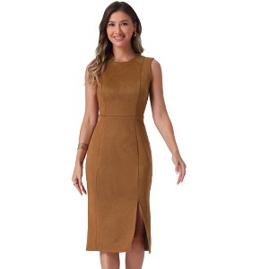 INSPIRE CHIC Women's Faux Suede Sleeveless Crewneck Split Hem Work Sheath Dress - 1 of 4