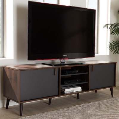 Samuel Walnut Brown and Dark Gray Mid-Century TV Stand with Cabinets