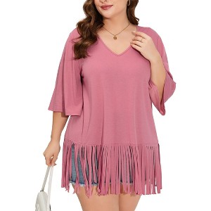 Coolmee Womens Plus Size Fringe Top T Shirt Crew Neck V Neck Short Sleeve Tee Shirts - 1 of 4
