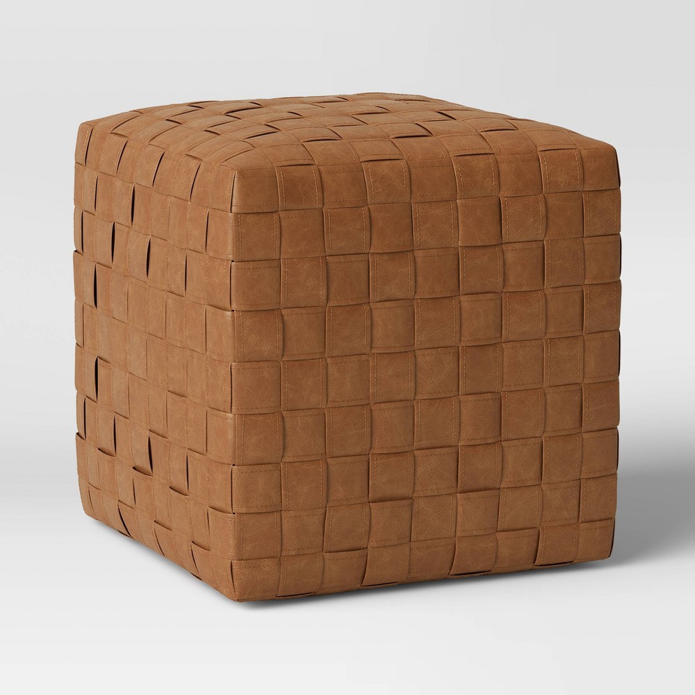 Photos - Pouffe / Bench Wellford Faux Leather Woven Cube Brown - Threshold™