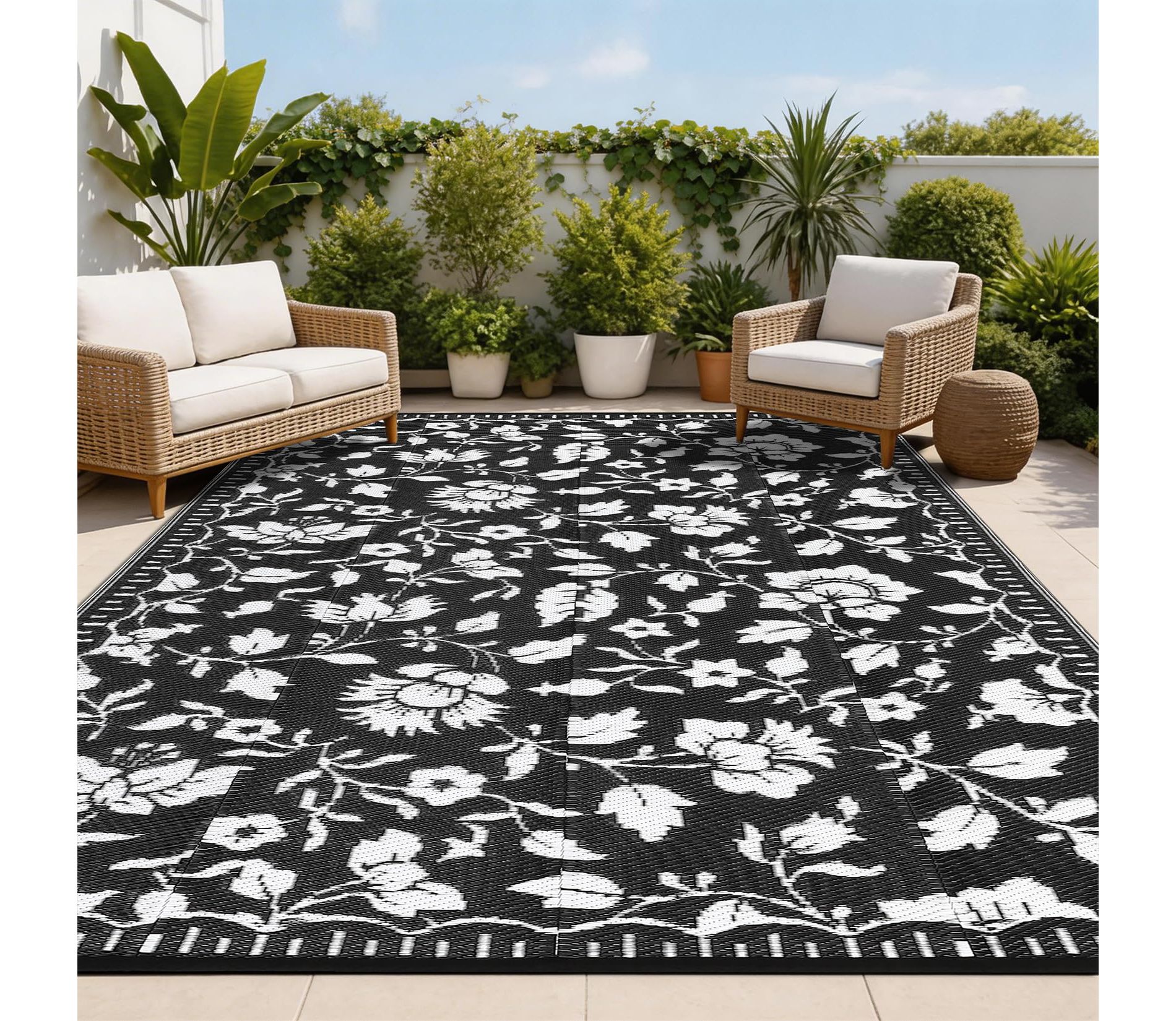 Waterproof Patio Rugs, Reversible Floral Print Mat for Front Door & RV, Foldable Plastic Straw Carpet for Deck, Picnic, Porch, Balcony, Beach